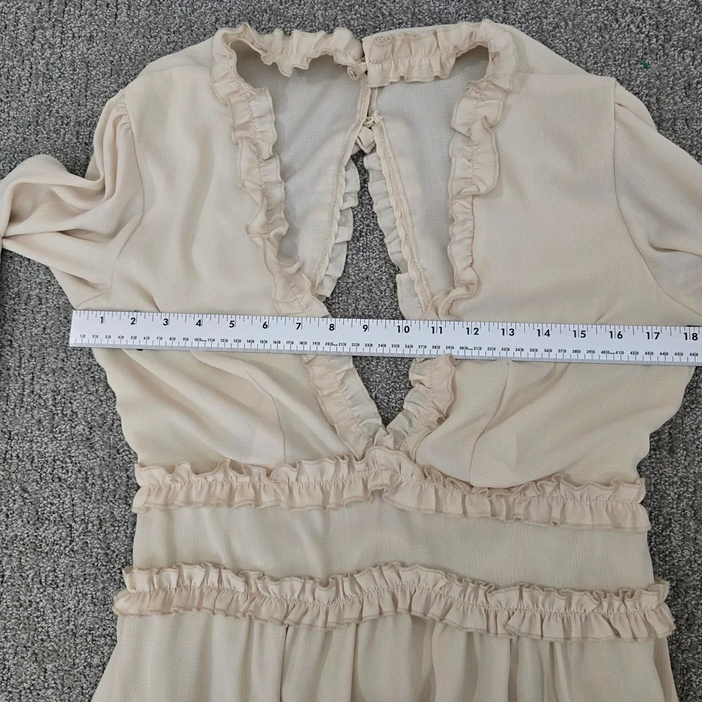 Cream Ruffle Tiered Mini Dress Open Back Coquette Romantic Boho Size M - Picture 6 of 8